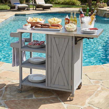 Foldable Outdoor Kitchen Island Cart with Stainless Steel Top, Rolling Grill Table with Storage Cabinet Shelves and Double Towel Rack, Wooden BBQ Prep Station with Lockable Wheels for Patio, Grey