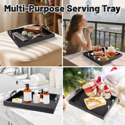 16x12inches SXNOWS Faux Leather Rectangle Serving Tray with Handles, Large Decorative Tray for Ottoman Coffee Table