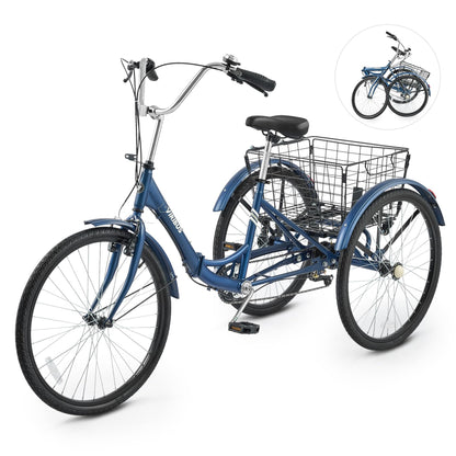 VIRIBUS Folding Tricycle for Adults, 7 Speed Foldable Adult Tricycle with Removable Wheeled Basket, Folding 3 Wheel Bikes for Adults Men Male Seniors 26 inch, Collapsible Trike 330 LB. Blue