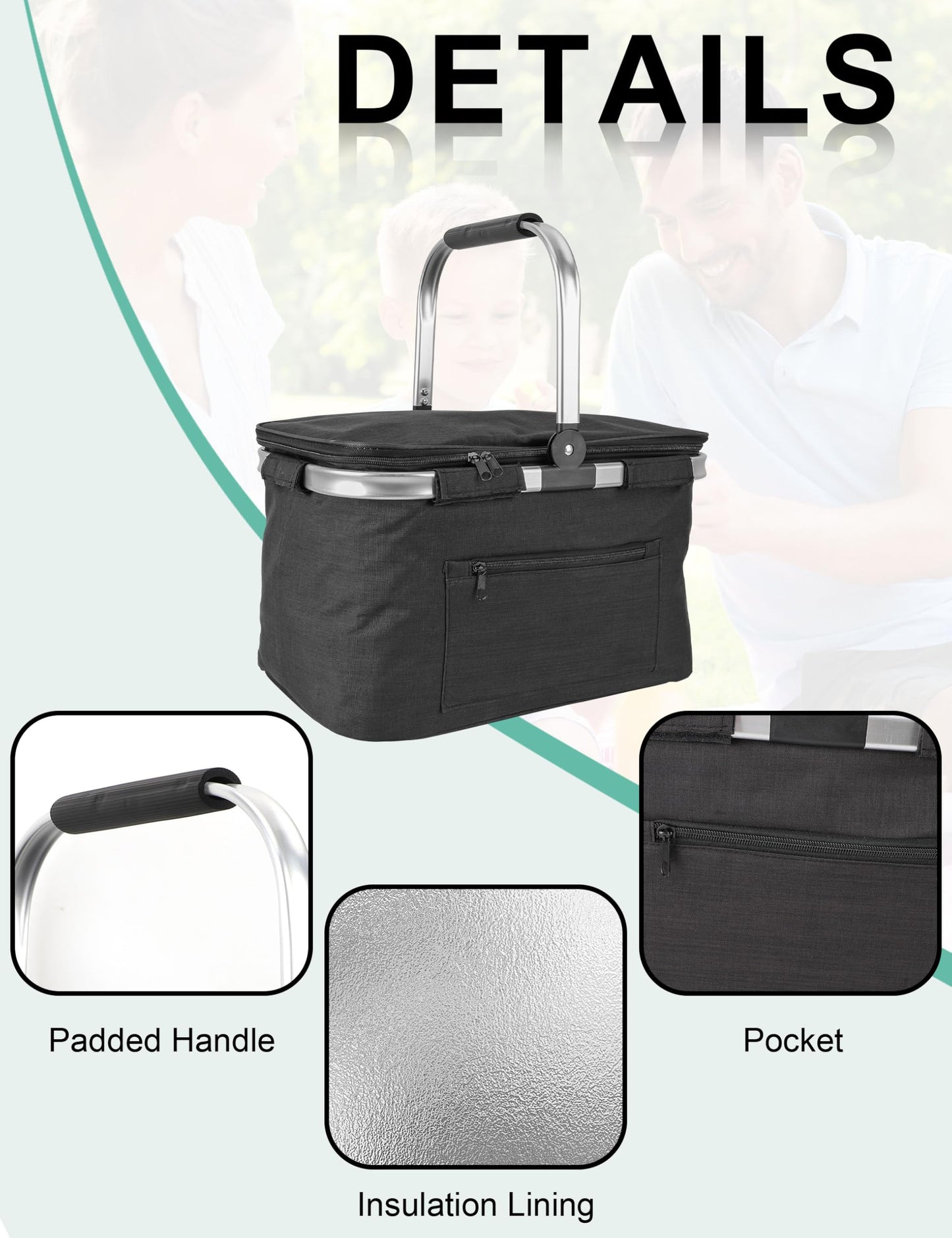 MEKOTRIN Large Picnic Basket Insulated, Foldable Shoping Basket Cooler Bag, Leakproof Picnic Baskets with Handle and Lid for Camping Outdoor Birthday Lunch BBQ Travel Beach(Black, 17.7x10.2x9.8in)