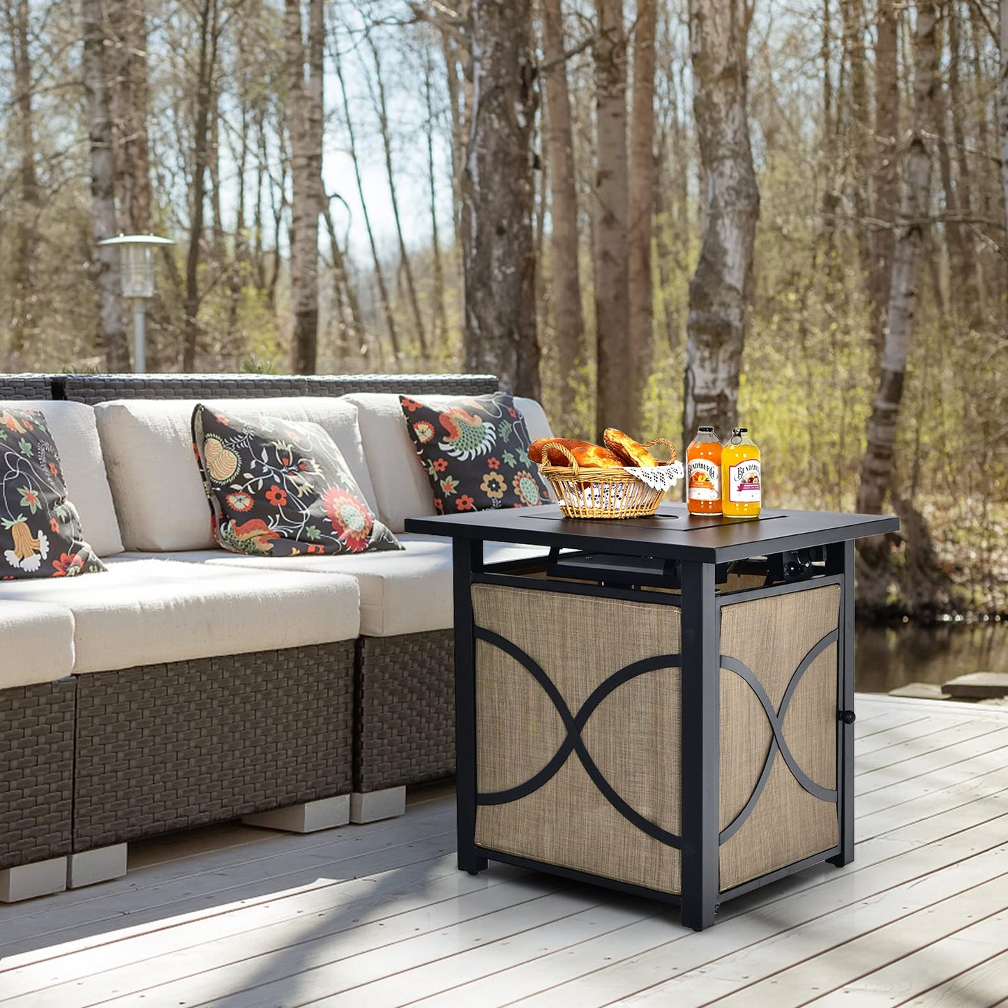 COOURIGHT Propane Fire Pit Table, 25" 40000 BTU Wicker-Look Square Fire Pits w/Lid, Fire Glass, Auto Ignition, Adjustable Flame, CSA Approved, Outdoor Steel Fire Table for Patio, Garden, Backyard