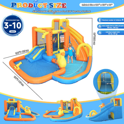 Inflatable Water Park for Kids 3-10yr, 12-in-1 Large Water Slide Bounce House with Dual Slide, Blower, 2 Splash Pools, Climbing Wall, Tunnel, Water Cannon, Basketball, Blow Up Water Slide for Backyard