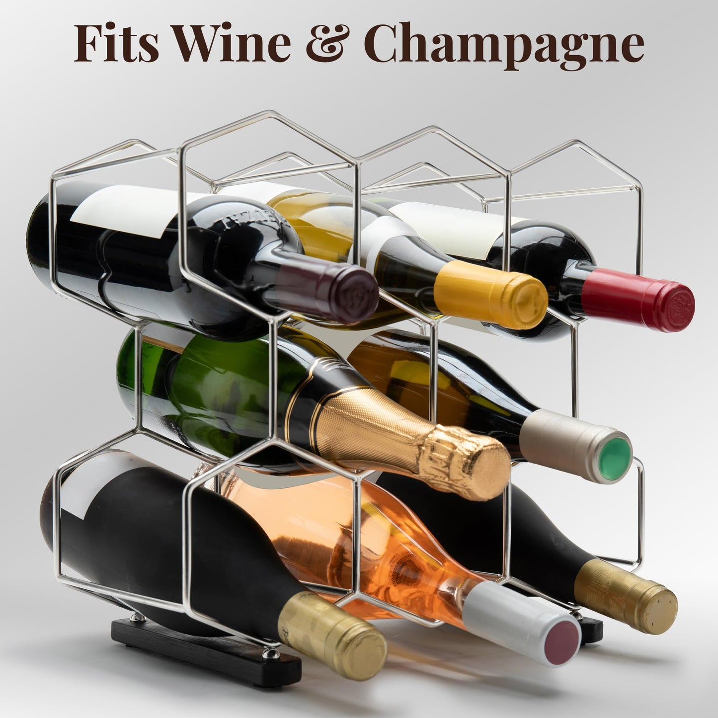 CASA VELUTI Countertop Wine Rack - 8-Bottle - Stainless Steel & Charcoal Oak - 3 Tier Tabletop Wine Holder Stand for Cabinet, Pantry - Freestanding - No Assembly Required