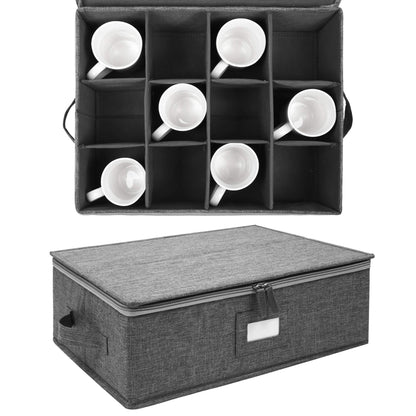 popoly Mug Storage Box with dividers, China Coffee Cup Storage Containers with Zipper Lid and Rivet Reinforced Handles, Holds 12 Coffee Mugs and Tea Cups, Structured Top and Stackable (Grey)