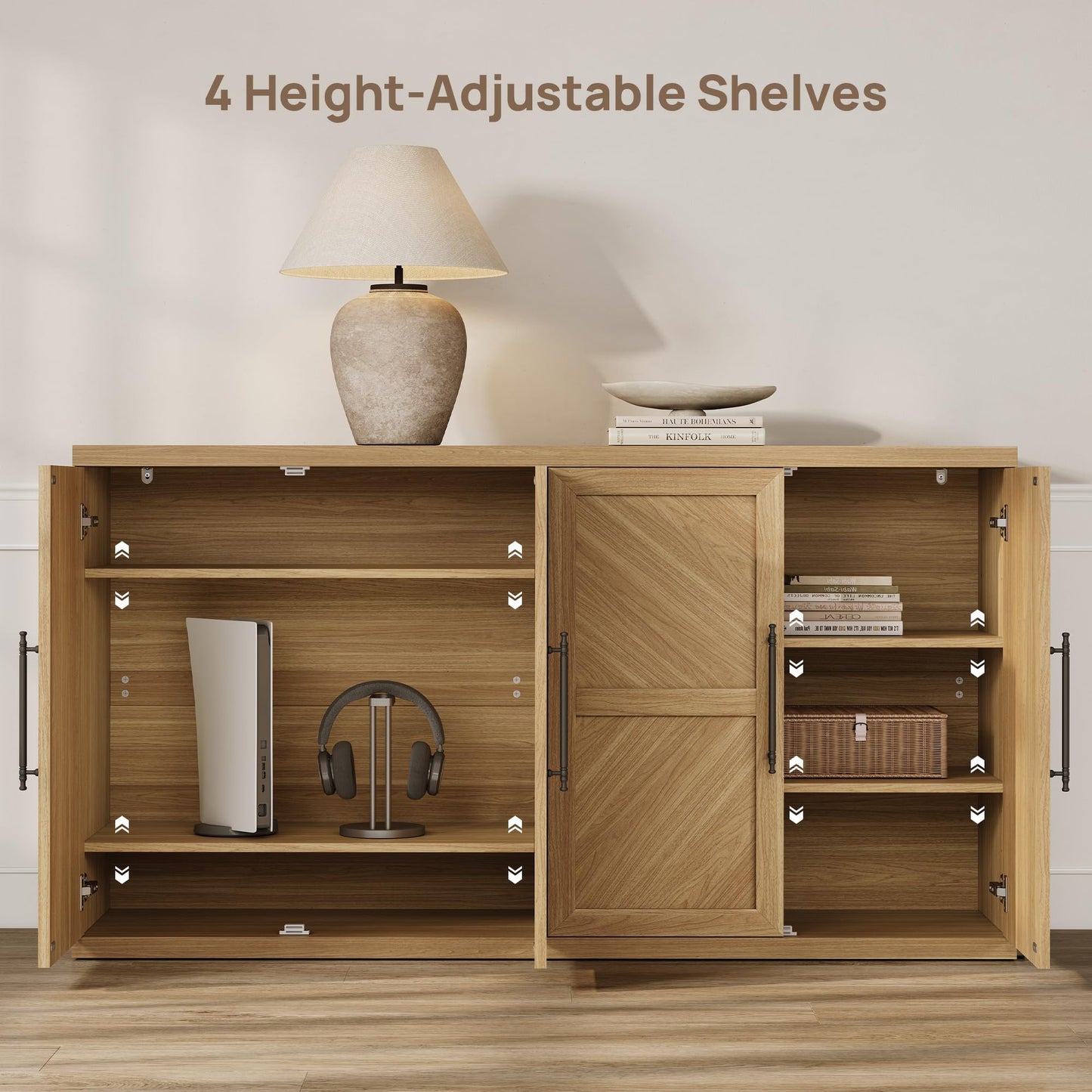SICOTAS Buffet Cabinet with 4 Doors, Modern Sideboard Cabinet with Storage and Adjustable Shelves, Large Credenza Storage Cabinet (1, Oak Brown)