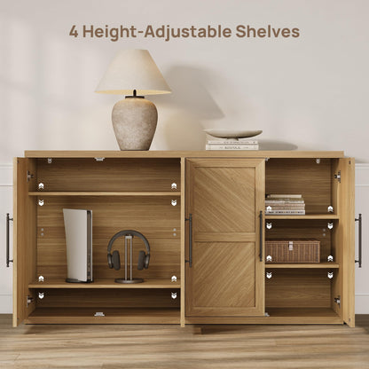 SICOTAS Buffet Cabinet with 4 Doors, Modern Sideboard Cabinet with Storage and Adjustable Shelves, Large Credenza Storage Cabinet (1, Oak Brown)