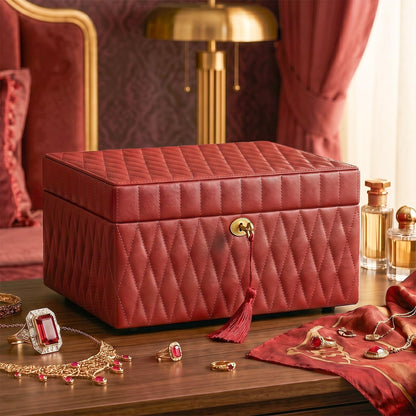 Homruilink Genuine Leather Jewelry Box – 3 Layer Large Jewelry Organizer with Mirror, Lockable Jewelry Box for Women – Necklace, Ring, Earring Organizer with Drawer - Mothers Day Gifts for Mom (Red)