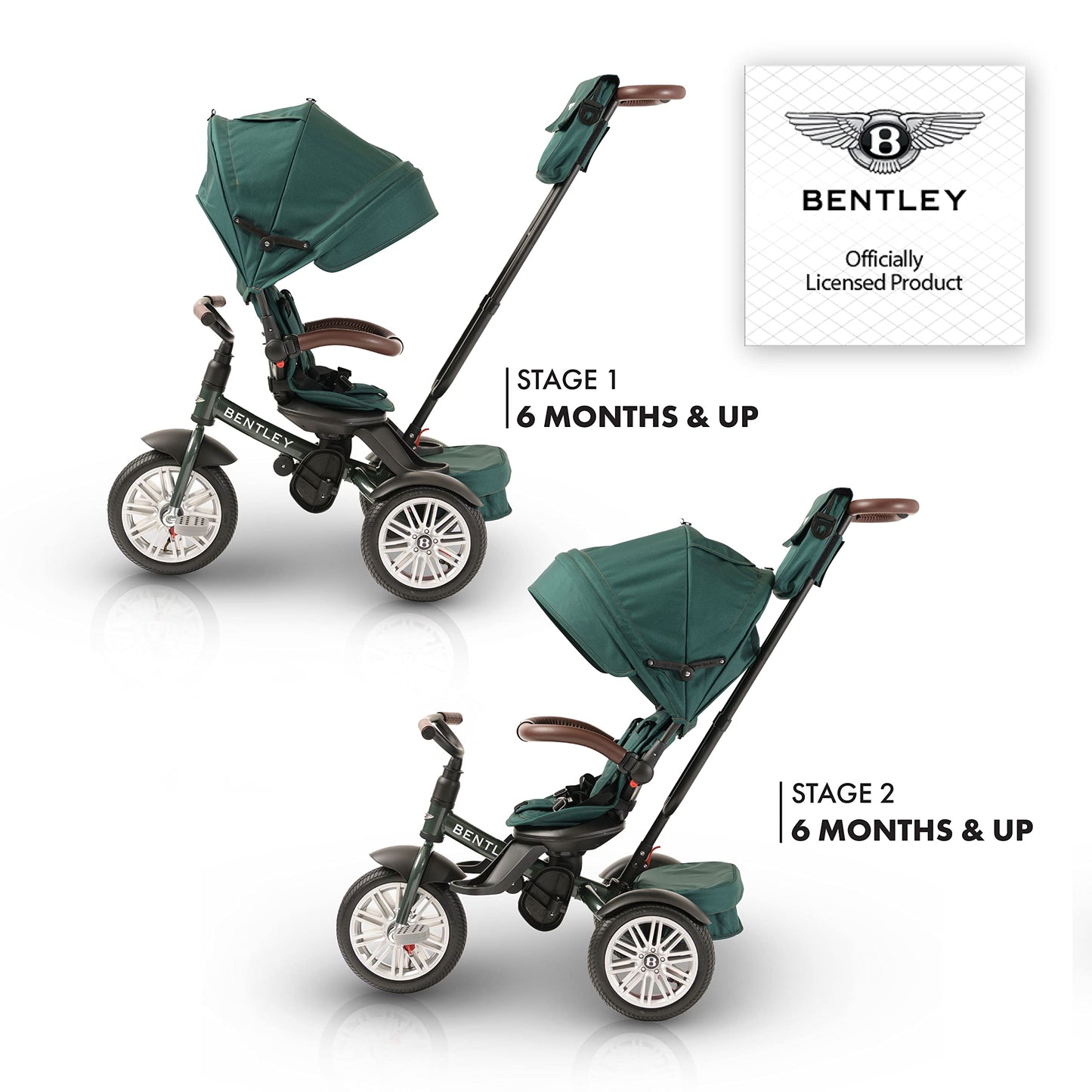Bentley 6-in-1 Baby Stroller & Toddler Tricycle – Officially Licensed Luxury Kids Bike, Convertible Travel Strollers & Kid Trike with Air Wheels, Canopy & Safety Features (6m-5y+ | Spruce Green)