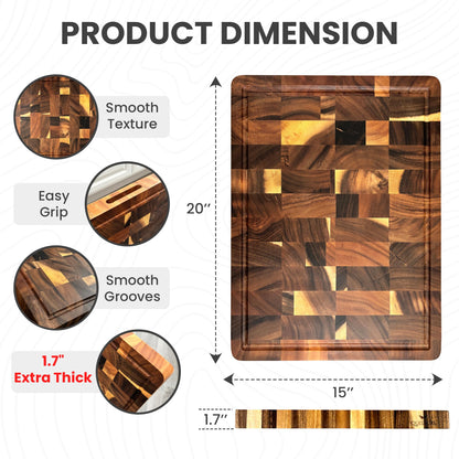 QUELLUXE (1.7" Extra Thick & Large) 20"x15" American Black Walnut Wood End Grain Cutting Board for Kitchen with Juice Groove, Heavy-Duty Butcher Block, Wooden Chopping Board, Charcuterie Boards