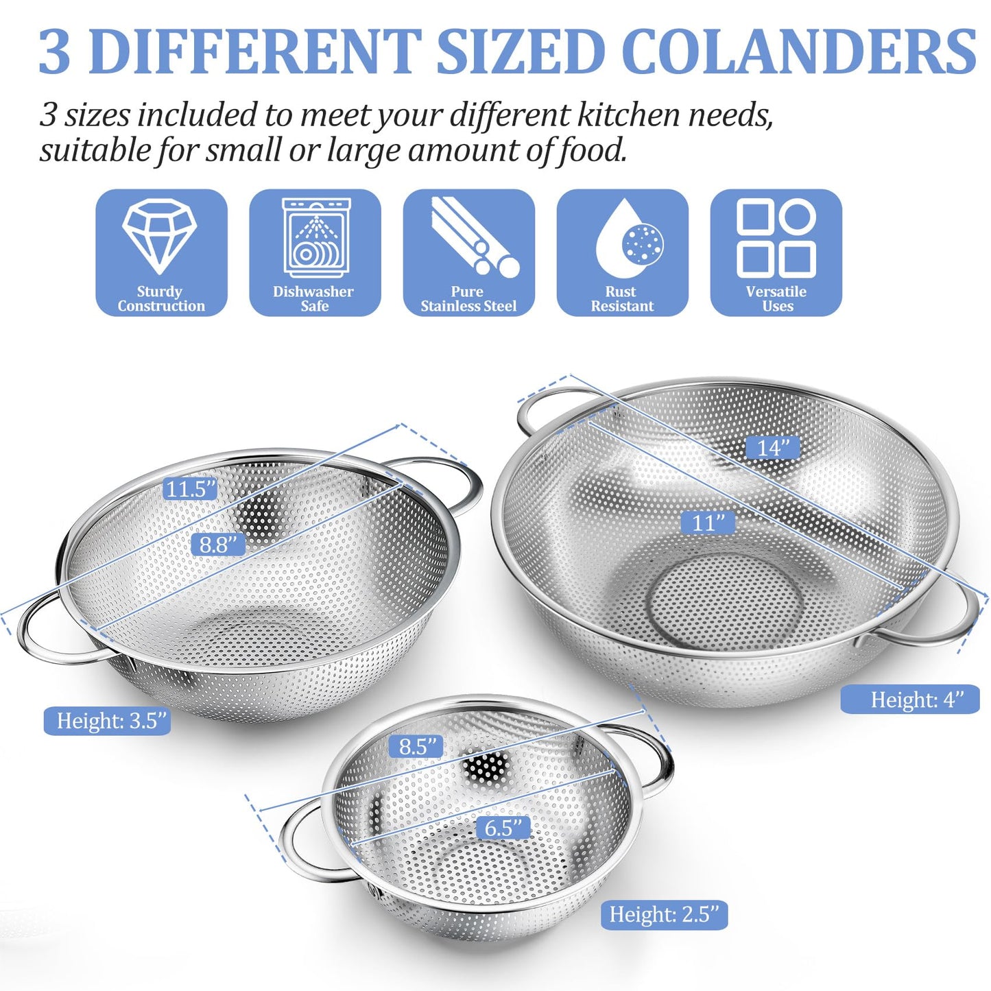 TeamFar Colander Set of 3, Stainless Steel Perforated Metal Colander Strainer with Handles for Spaghetti, Pasta, Berry, Rust Free & Dishwasher Safe - 1/3/5-quart