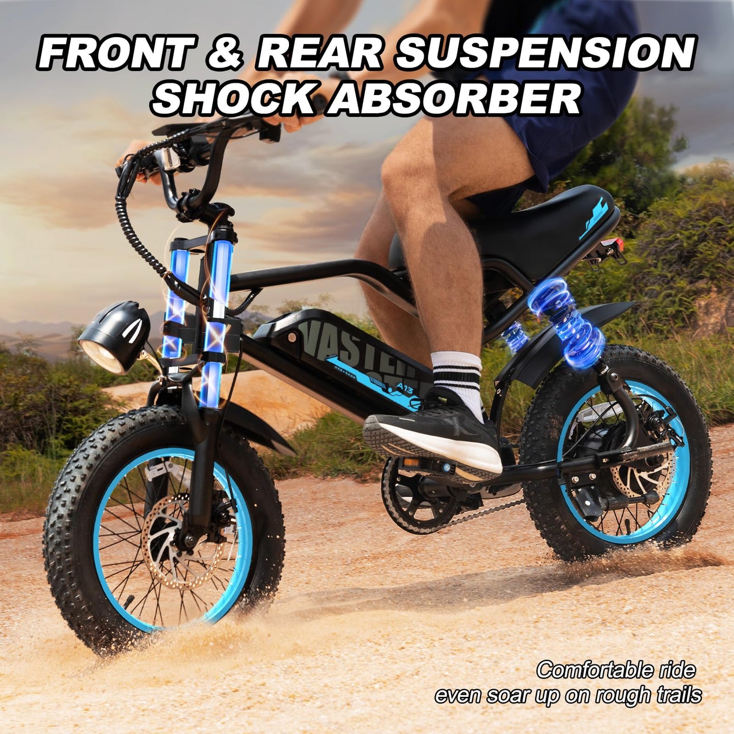 AVDLBIKE Electric Bike, 16'' Fat Tire eBike for Teens/Adults, 500W E-Bike with 36V/12.8Ah Removable Battery, 20 MPH 45 Mile Range Commuting Electric Mountain Bike with Dual Dual Brakes-Blue A13