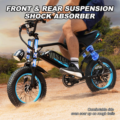 AVDLBIKE Electric Bike, 16'' Fat Tire eBike for Teens/Adults, 500W E-Bike with 36V/12.8Ah Removable Battery, 20 MPH 45 Mile Range Commuting Electric Mountain Bike with Dual Dual Brakes-Blue A13