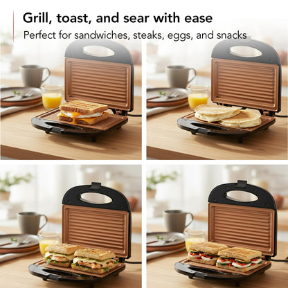 OVENTE Electric Panini Press Grill with Nonstick Plates, LED Indicator Lights, Thermostat Control, Compact Sandwich Maker Perfect for Cooking Breakfast, Steaks, Eggs Snacks & More, Copper GP0110CO