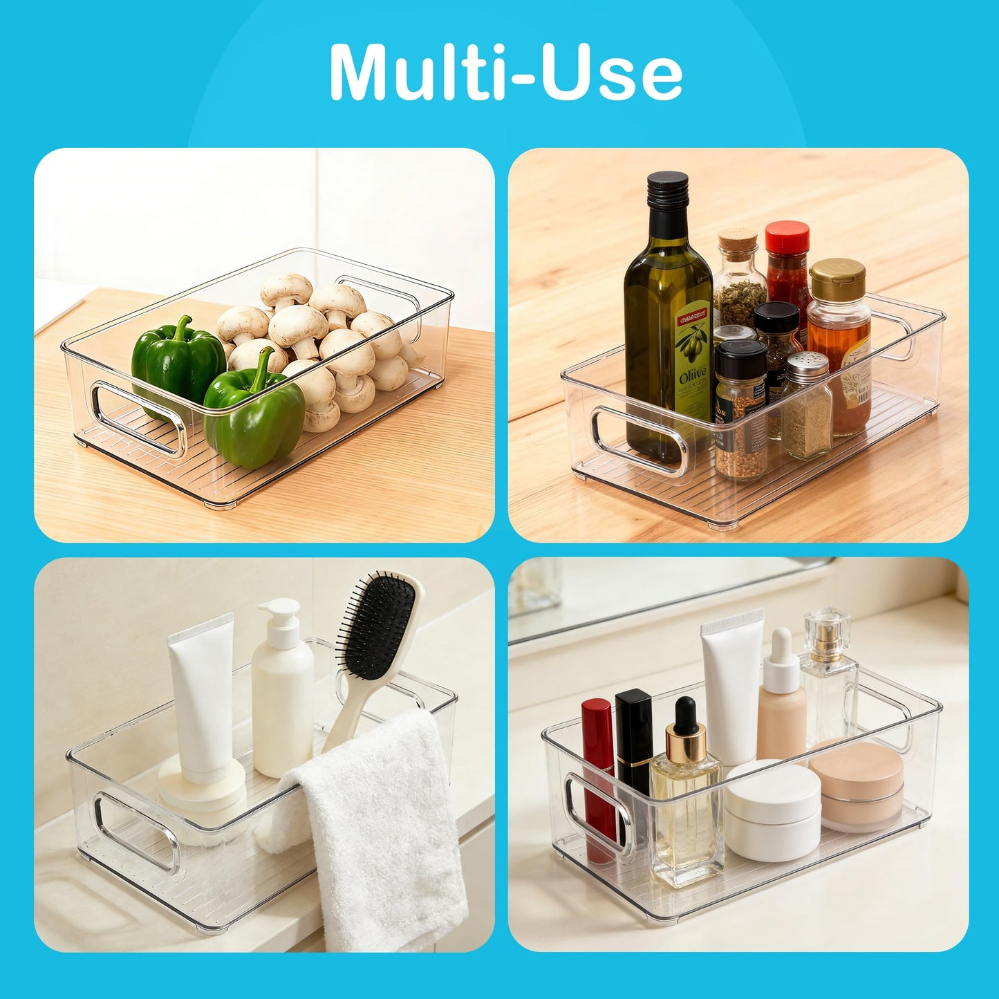 LotFancy Refrigerator Organizer Bins, 4 Pack,10x6x3 in, BPA Free Clear Plastic Storage Bins for Pantry Organization, Stackable Containers with Handles for Fridge, Kitchen Drawer, Freezer, Cabinet