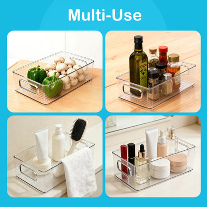 LotFancy Refrigerator Organizer Bins, 4 Pack,10x6x3 in, BPA Free Clear Plastic Storage Bins for Pantry Organization, Stackable Containers with Handles for Fridge, Kitchen Drawer, Freezer, Cabinet