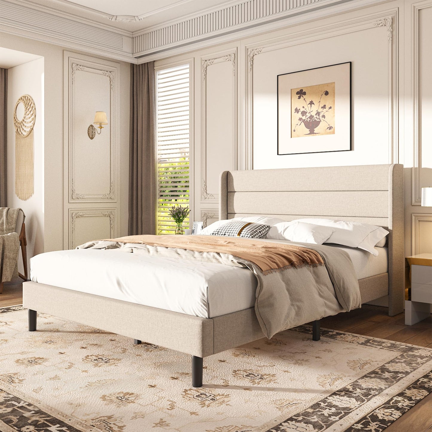 Mxhtcewz Queen Size Upholstered Platform Bed Frame, Modern Linen Fabric Bed with Wingback Headboard, Sturdy No Wobble, Noise-Free & Easy Assembly, No Box Spring Needed, Beige