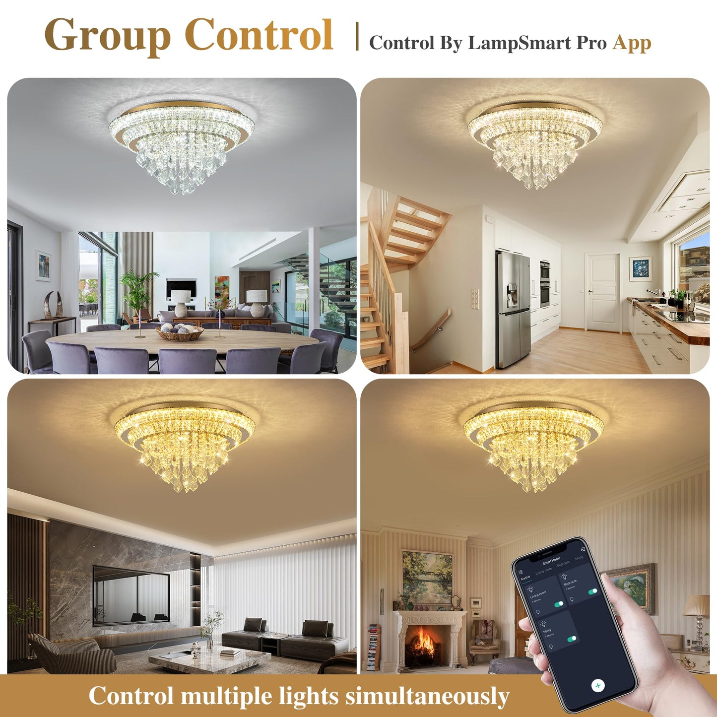 Kuailkag Crystal LED Ceiling Light 24" Modern Flush Mount Chandelier,K9 Crystal Raindrop,Elegant Lighting Fixture with Remote/APP,3CCT,Dimmable Living Room Chandeliers Lights-Golden
