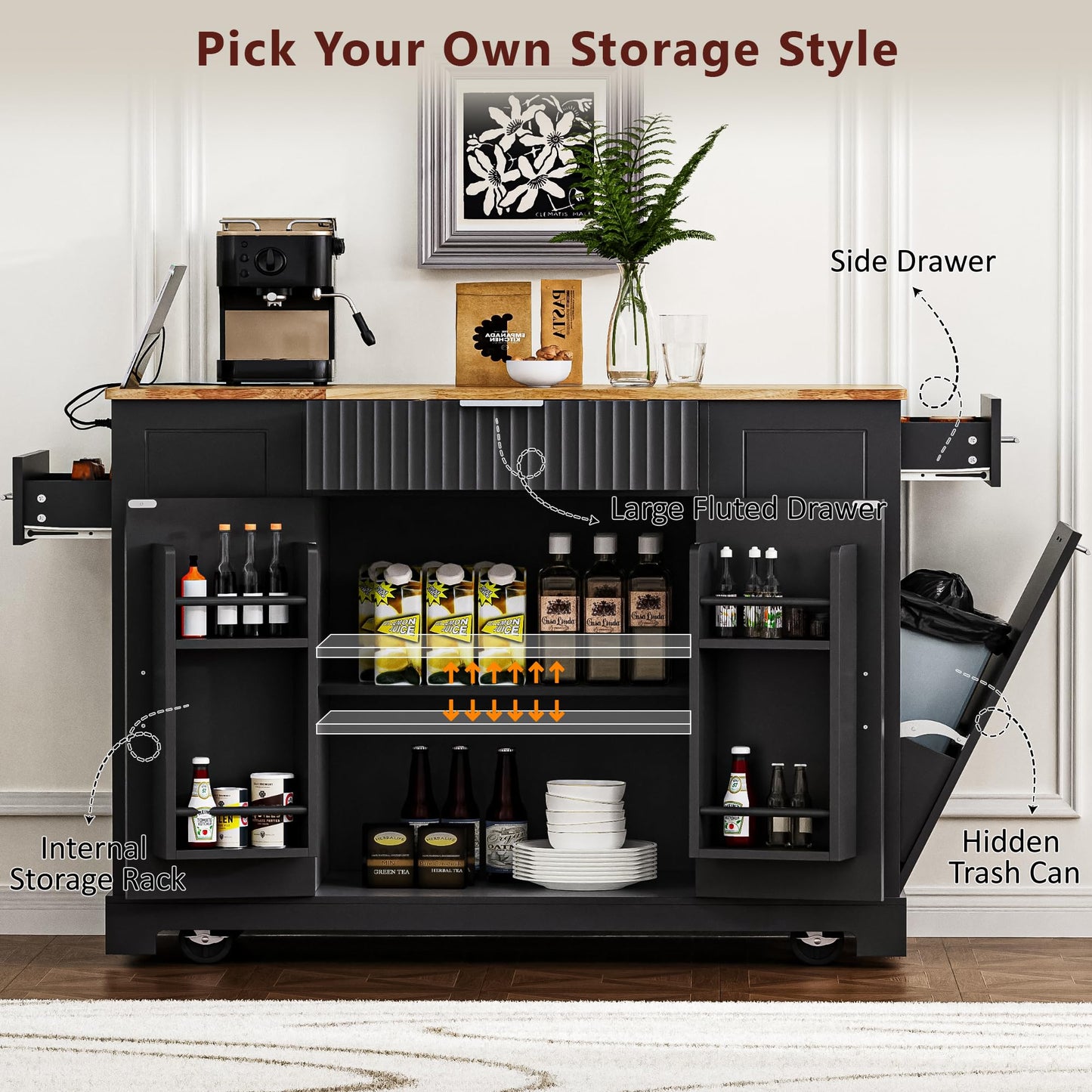 Ball & Cast Fluted Kitchen Island with Trash Can Storage Cabinet,Power Outlet,Internal Storage Rack,Rolling Kitchen Islands On 5 Wheels W/3 Drawers & 3 Open Side Racks for 10 Gallon Garbage Bin,Black