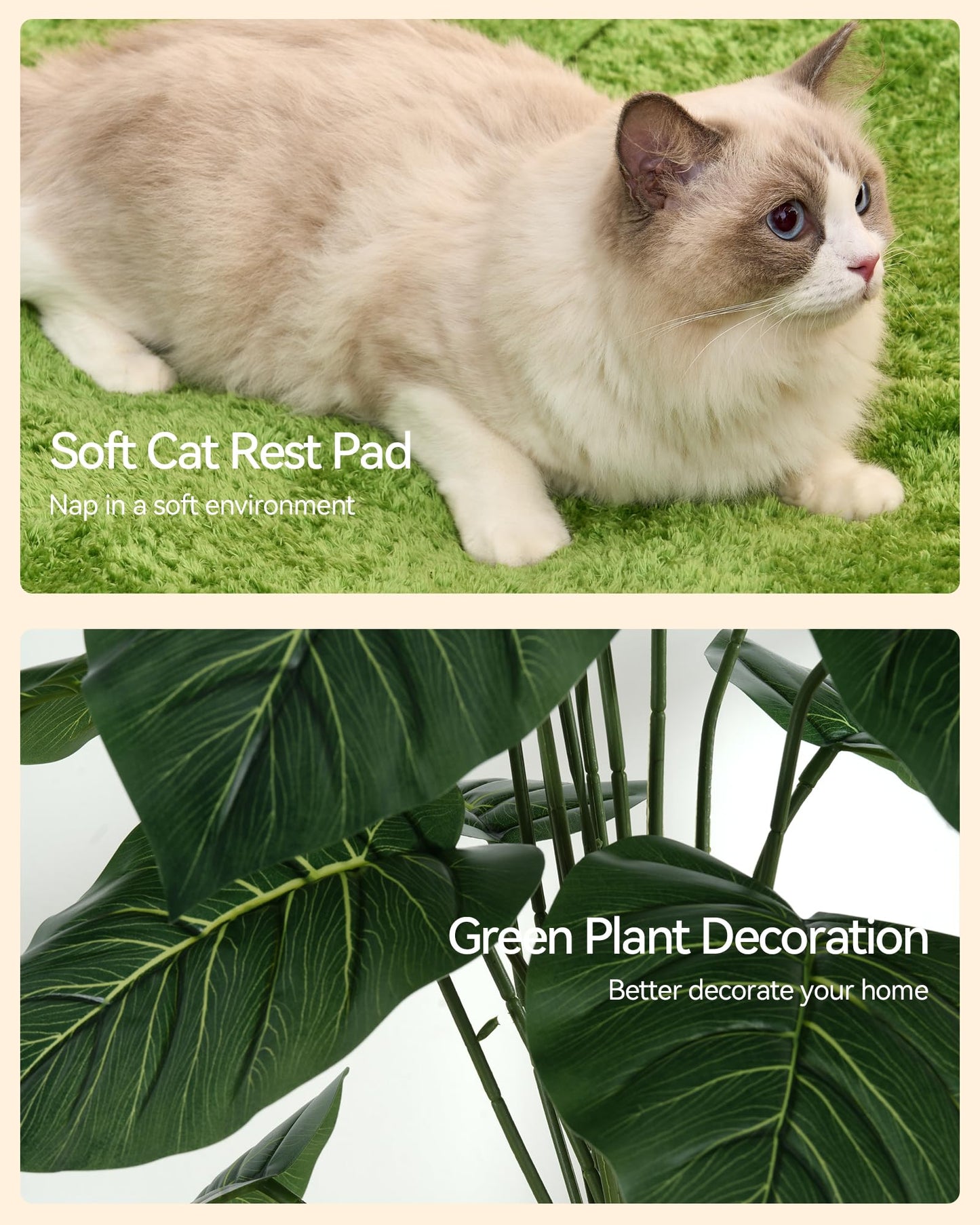 FourFurPets Large Cat Tree with Leaves, 72.8-Inch Cat Tower for Indoor Cats, Modern Cat Tree with Scratching Post, Large Perch, Tunnels, Swing Ball, Self Groomer, Greige