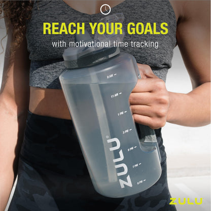 ZULU Goals 64oz Half Gallon Plastic Water Bottle with Straw and Time Marker | Large Reusable Jug with Handle and Leak Proof Lid for All Day Hydration, Gym and Outdoors, Gift Ready, Grey