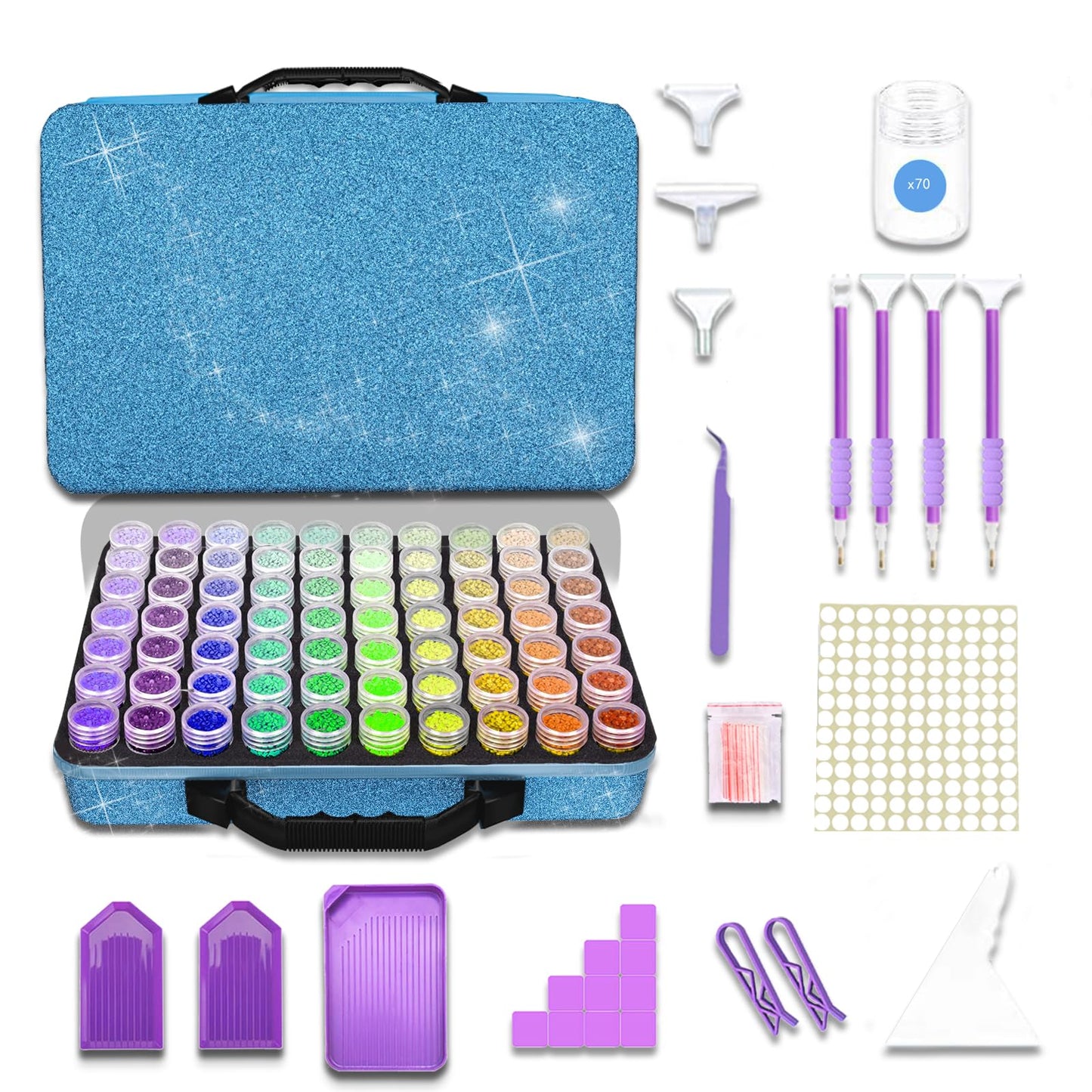 Waykape 70 Slots Sparkle Diamond Painting Storage Box, Diamond Art Tools and Accessories Organizer for 5D Diamonds, Rhinestones – Portable, Shockproof Craft Storage Container, Premium Blue Matte Case