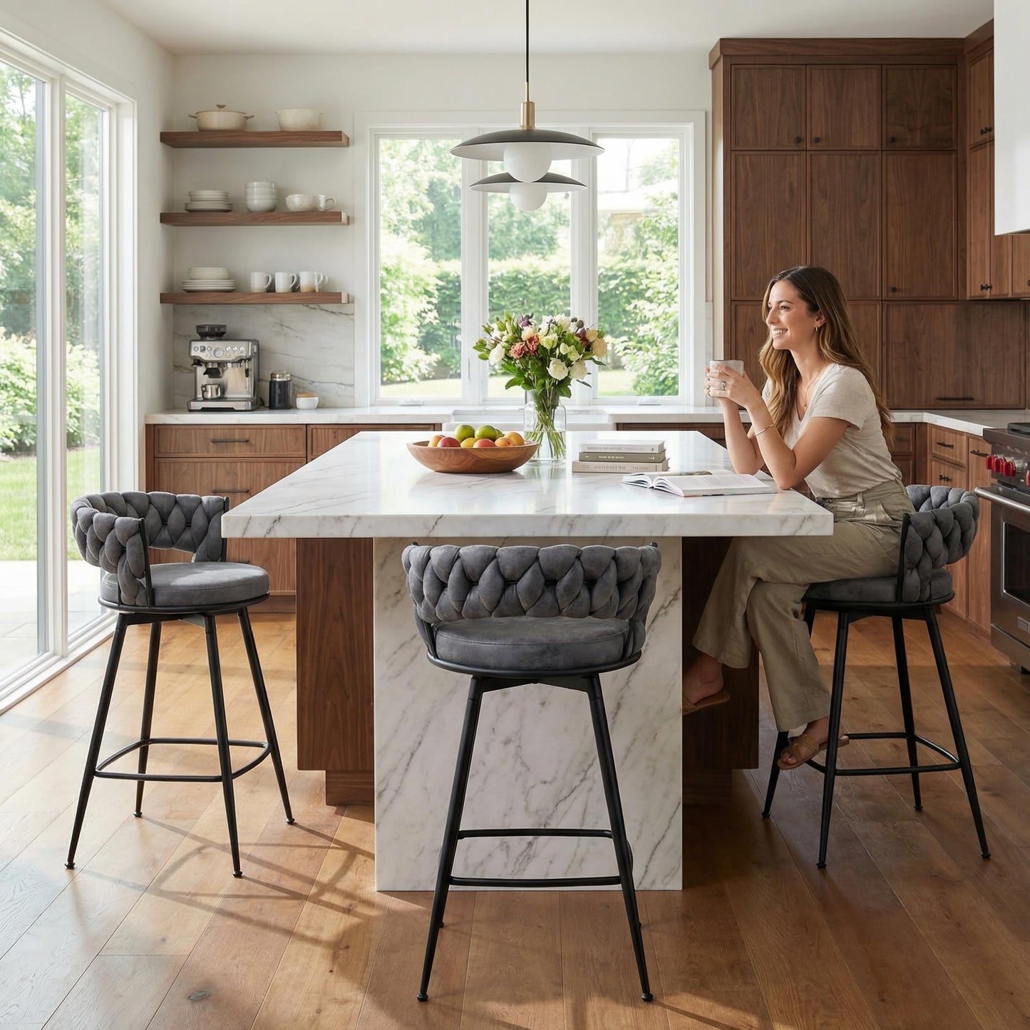 YOUNIKE Bar Stools Set of 2, 28.7 inch Seat Height Bar Chairs, 360° Swivel Counter Height Barstools with Woven Back and Armrest, Upholstered Suede Fabric Counter Stools for Kitchen Island, Pub, Grey