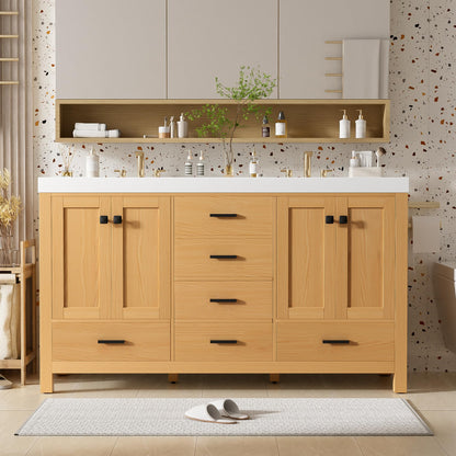 GDFStudio 59.3" Bathroom Vanity with Double SMC Resin Sink, Solid Wood Frame & MDF Cabinet, 4 Doors & 5 Soft-Close Drawers, Adjustable Shelves, Black Handles, Modern Wood Grain Finish