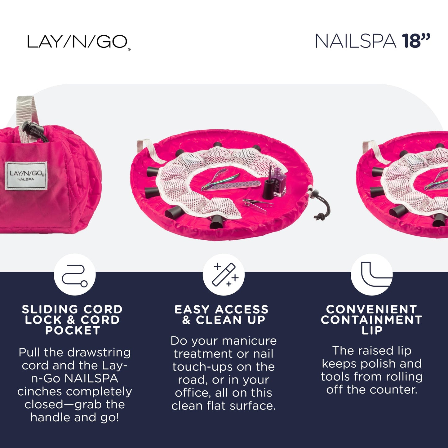 Lay-n-Go NailSpa 18″ Portable Nail Station Supplies & Cosmetic Lay Flat Organizer Bag— Travel Manicure Kit w/Mesh Pockets & Machine Washable (Pink)