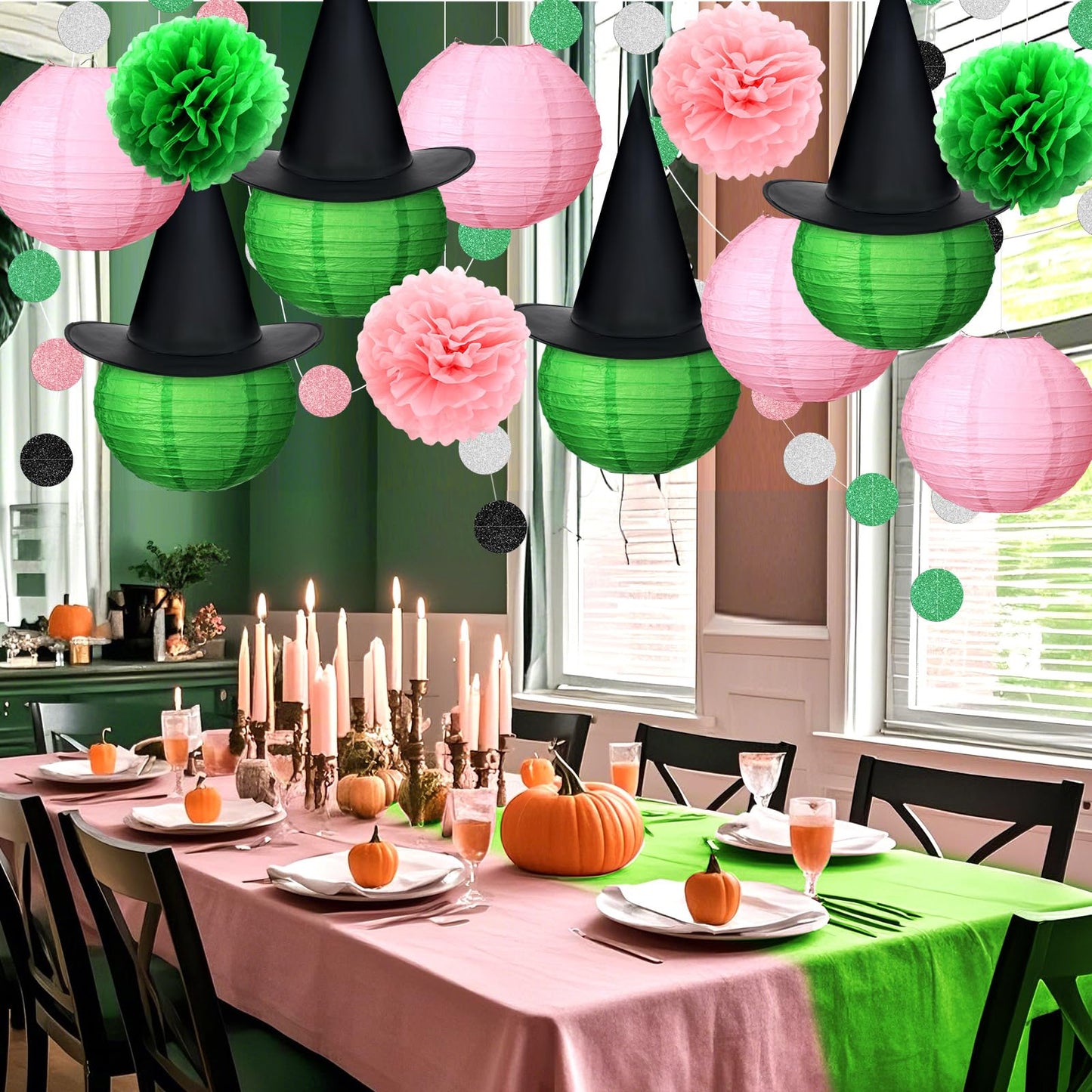 Rossesay Witch Theme Birthday Decor 10 Inch DIY Pink and Green Paper Lanterns Witch Hats Party Supplies Hanging Pom Poms Hats Princess Theme Garland for Enchanted Birthday Cosplay Fantasy Celebrations