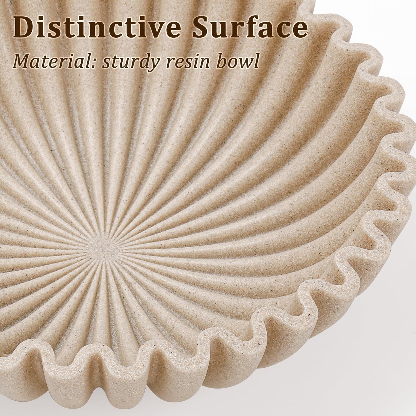 LIN CHUAN Ruffle Decorative Bowl, Large Fruit Bowl for Kitchen Counter, Stylish Key Bowl for Entry Table, Handcrafted Home Decor Display bowl, Artificial Stone Beige