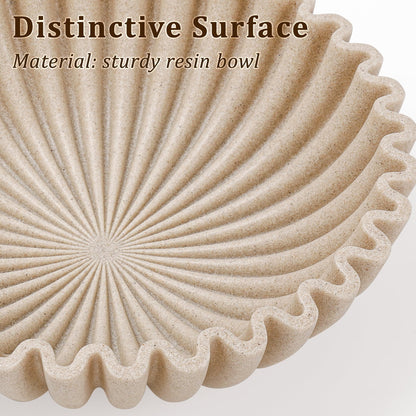 LIN CHUAN Ruffle Decorative Bowl, Large Fruit Bowl for Kitchen Counter, Stylish Key Bowl for Entry Table, Handcrafted Home Decor Display bowl, Artificial Stone Beige