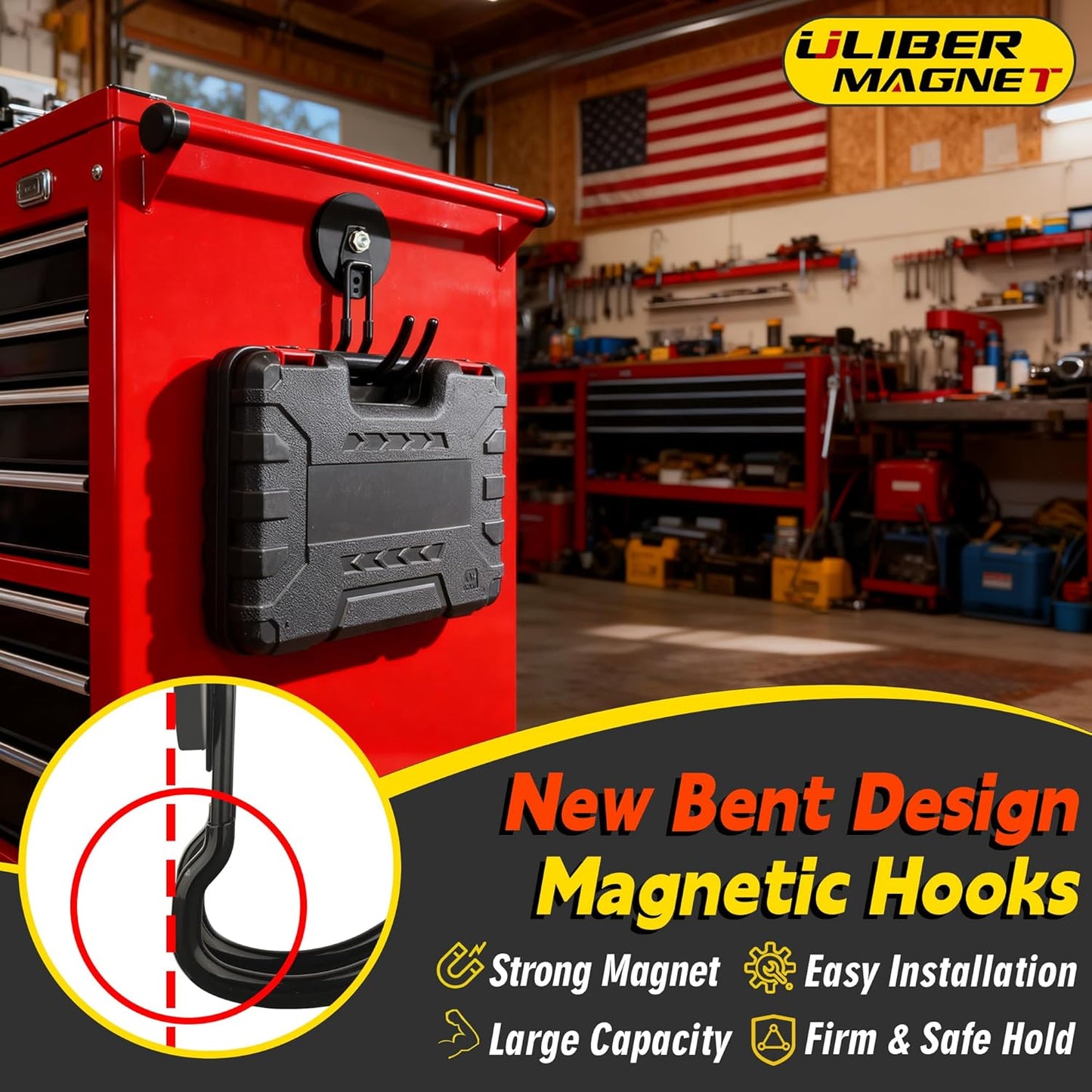 ULIBERMAGNET Extra Large Magnetic Hooks - Heavy Duty 2 Pack for Metal Cabinets & Garages (Black, 3.46 Inch)