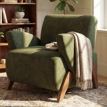 KEIKI Comfy Velvet Armchair, Luxury Accent Reading Gaming Arm Chair with Birch Legs, Oversized Decorative Single Lounge Sofa Chair, Cloud Deep Seating for Office Living Room, Easy Assembly, Green
