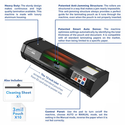 SINCHI Auto Sense 13" Heavy-Duty Laminator for Business & School, 3–10 Mil, 50s Warm-Up, 17s/Sheet, Works with Cardstock & Dark Prints, Never-Jam, Laminates 11x17, Includes 10 Sheets