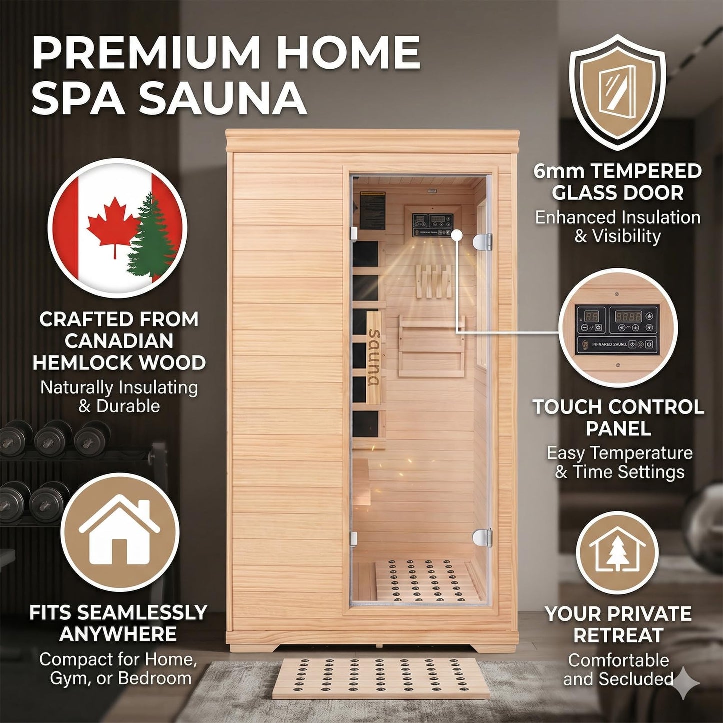 Far Infrared Sauna for 1 Person – 1050W with Bluetooth Speaker, Chromotherapy & Oxygen Ionizer, Indoor Home Sauna with Canadian Hemlock Wood, Relaxation for Home Gym Office – 27”x35”x63”