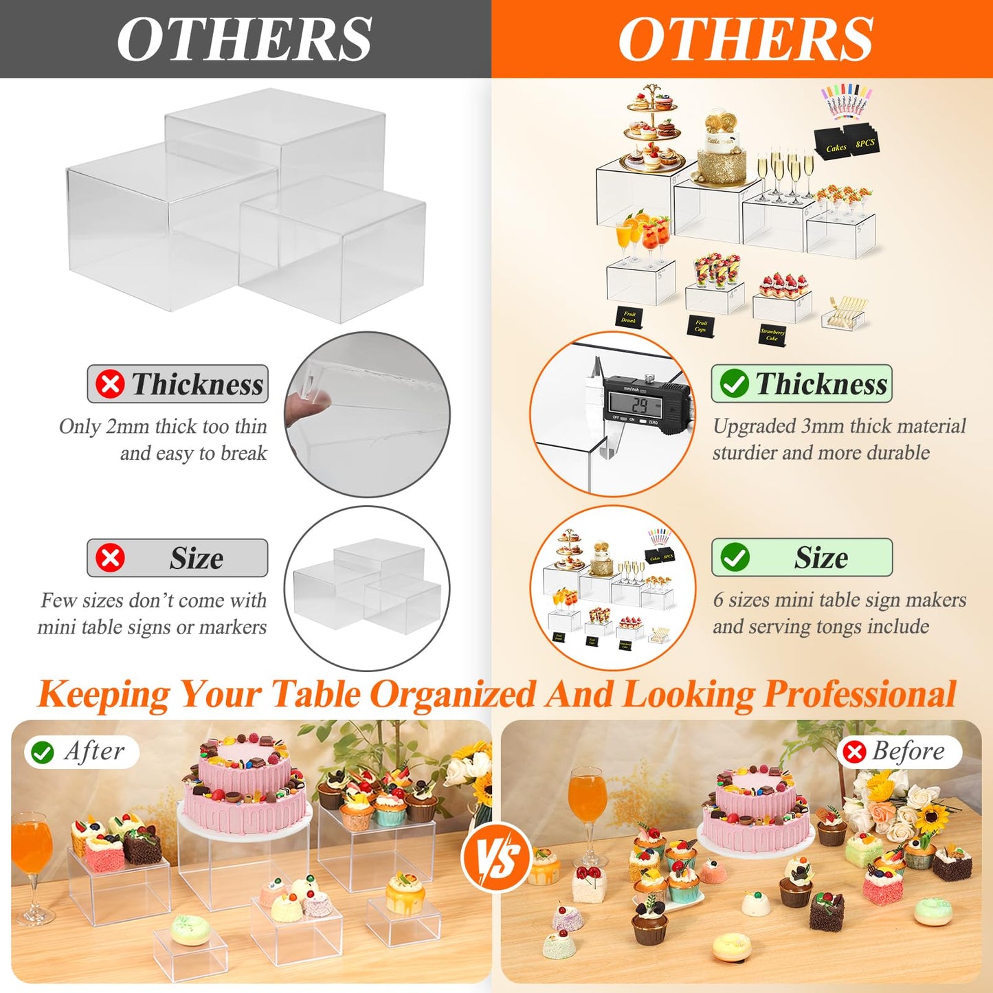 8 Pcs Clear Acrylic Buffet Risers with Mini Sign and Maker,Buffet Risers and Stands Clear Food Display Risers for Buffet Table Party Catering Dessert Cupcake Collectibles (8" 7" 6" 5" 5" 4" 4" 3")
