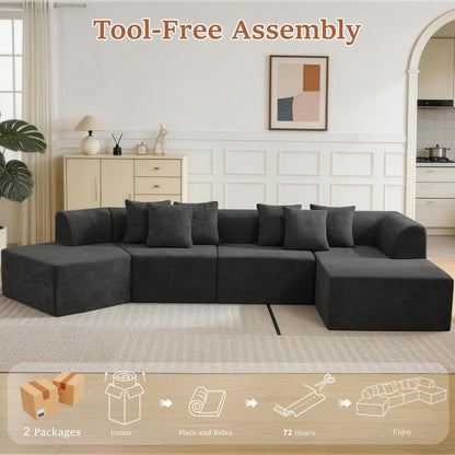 CACFTII 140" Oversized Boneless Couch, Curved Cloud Sectional Couch with L-Shape Chaise, Compressed Memory Foam Couch, Velvet Modular Sectional Sofa for Living Room, No Assembly Required, Black