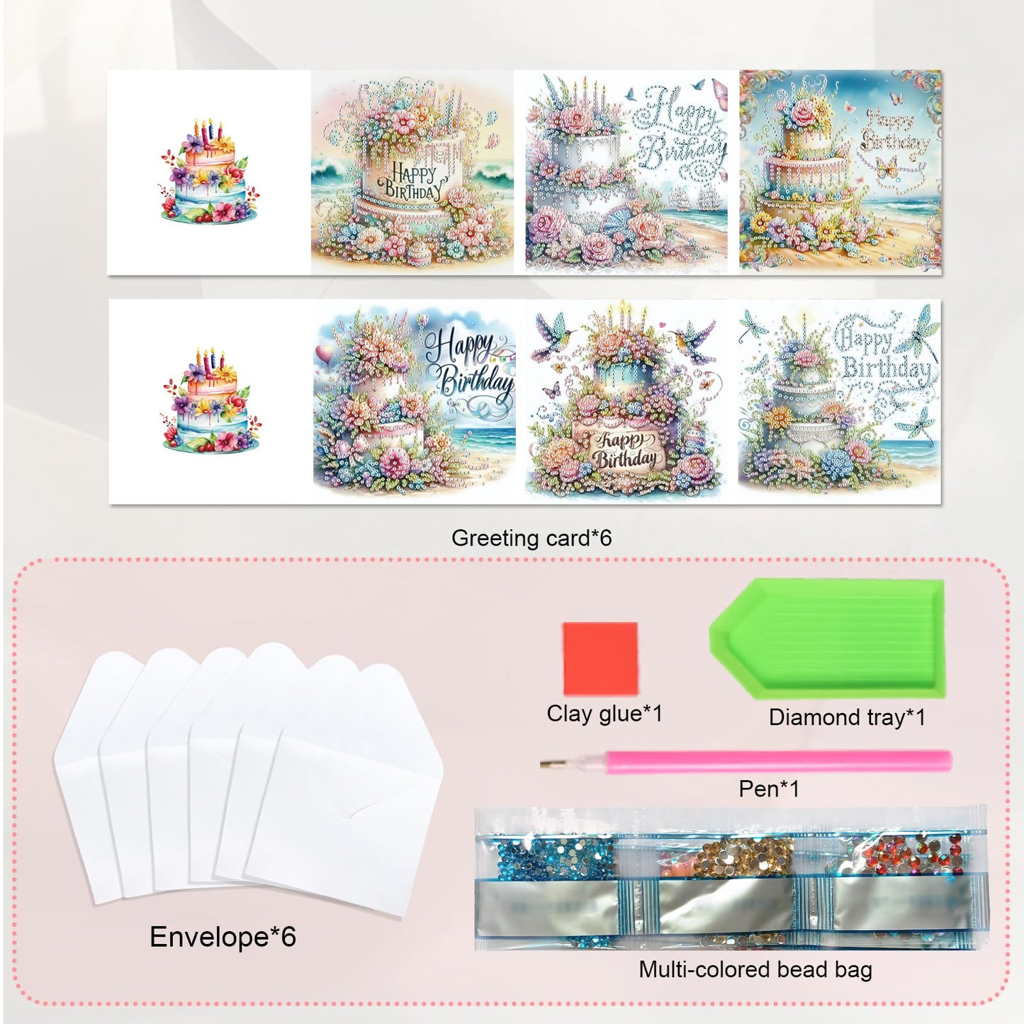 JISHSHAY 6 PCS Diamond Painting Happy Birthday Cards Flower Cake Diamond Art Greeting Cards with Envelopes Gem Art Gem Painting Embroidery Kit Mosaic Kits for Adults with Special Shape Drills
