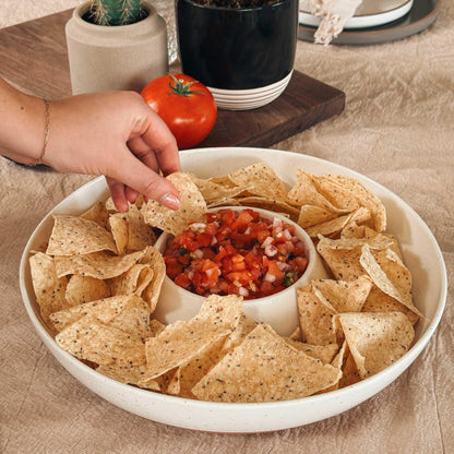 Mora Ceramic Chips and Dip Serving Tray: Large Divided Party Bowl Set for Chips & Salsa, Veggies & Dip, Fruit, Snacks, Entertaining, Hosting, etc. Minimalist Design for the Modern Hostess - White