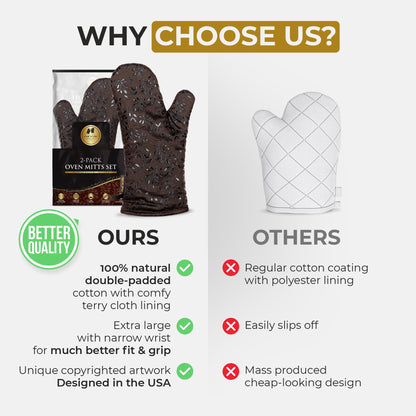 Premium Heat-Resistant Oven Mitts - Stylish and Beautiful - Non-Slip Platinum Silicone Grip - Long and Thick - 100% Natural Cotton Exterior and Soft Terry Cloth Lining - Cook'n'Chic Set of 2 - Brown