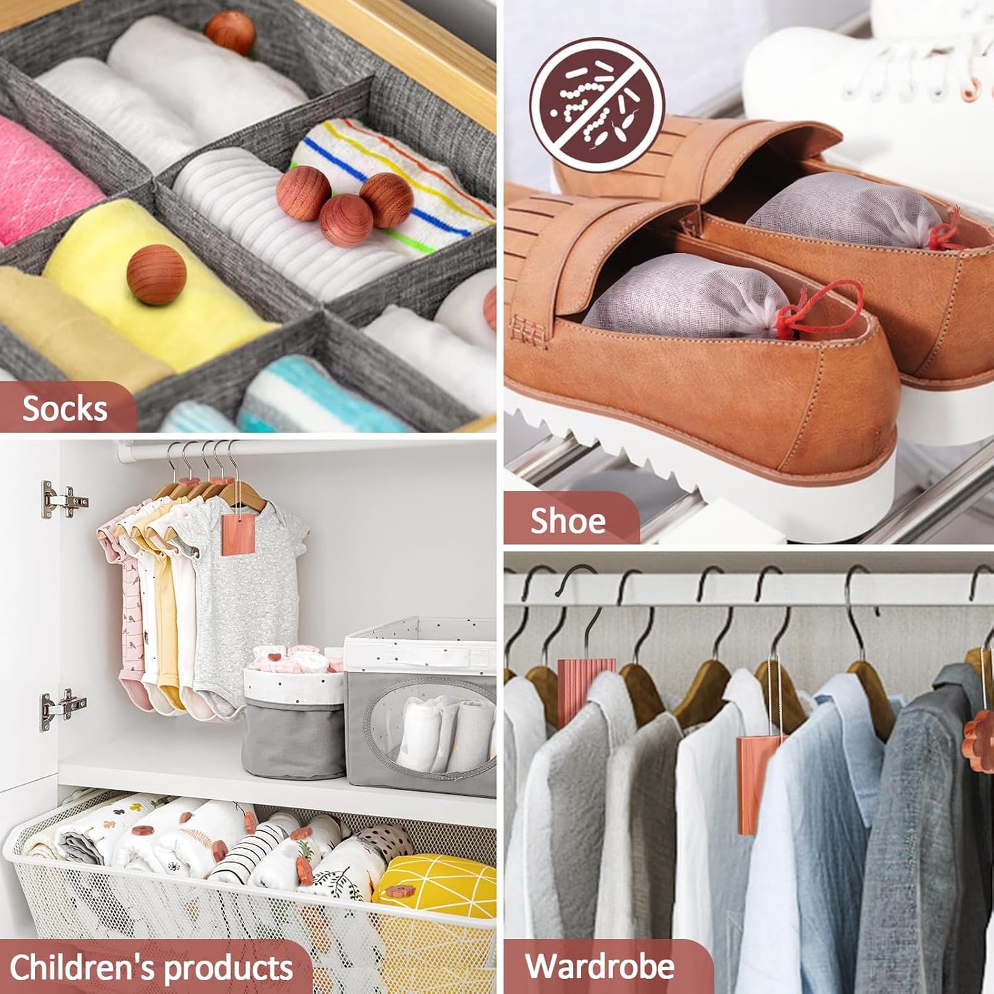 Cedar Blocks for Clothes Storage, 56 Pcs with Metal Hooks, Rings, Balls, and Scented Sachets for Closets and Drawers