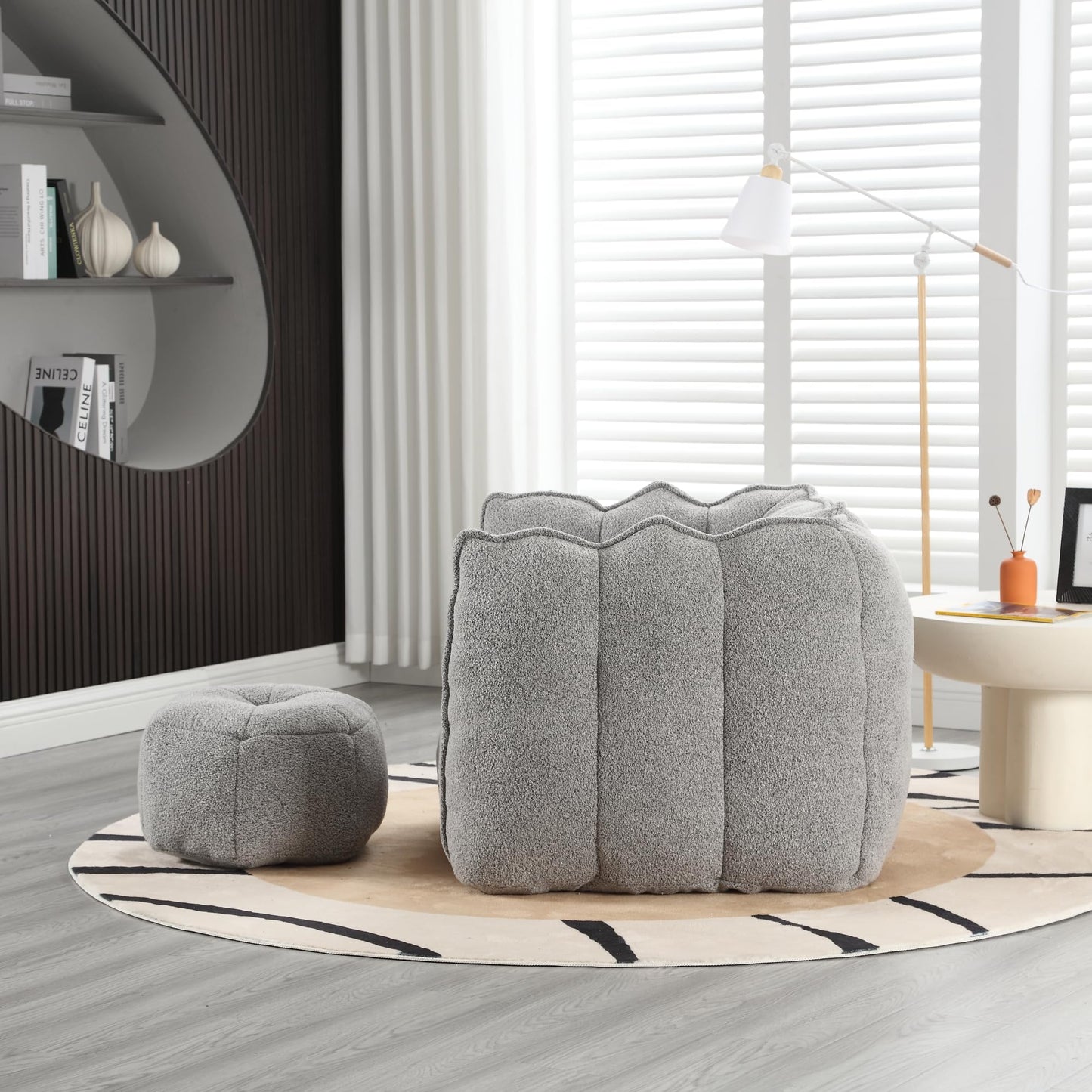 Plush Grey Chenille Bean Bag Chair for Adults | Large Comfy Lounger with Footstool | Ideal for Living Room, Bedroom, Gaming, Reading | 41"x32"x25"