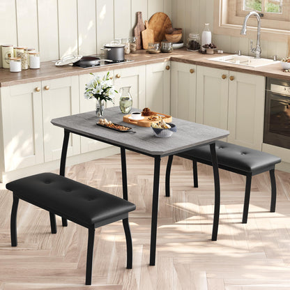 Dining Table for 4, 3-Piece Kitchen Table Set for 4 with Wooden Tabletop and Metal Frame, Industrial Kitchen Table with 2 PU Leather Benches for Bar, Dining Room, Restaurant(43''x28''x30''), Gray