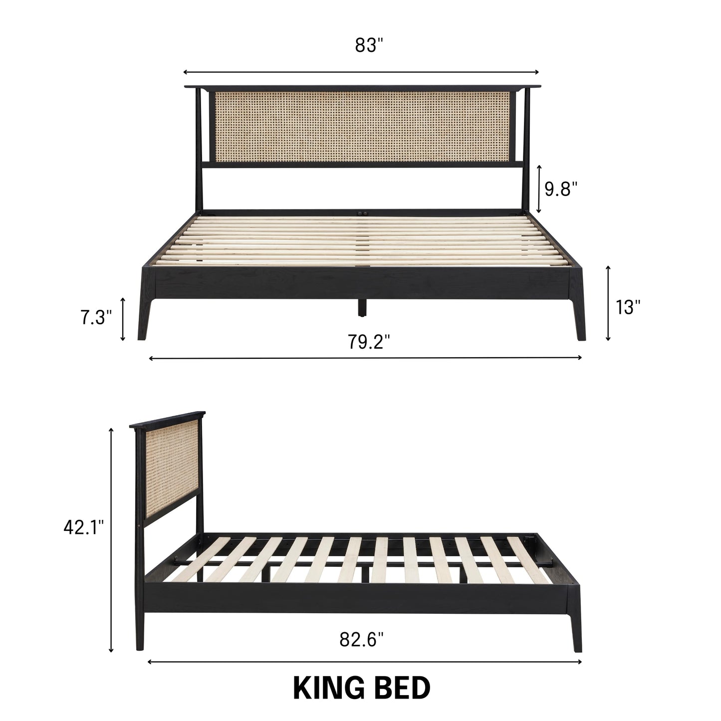 NTC Ruby Wooden Bed Frame with Headboard and Natural Rattan, Solid Oak Foundation with Silent Slats, 1000 Lb Capacity, Effortless Assembly, King - Burnt Black