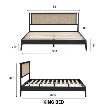 NTC Ruby Wooden Bed Frame with Headboard and Natural Rattan, Solid Oak Foundation with Silent Slats, 1000 Lb Capacity, Effortless Assembly, King - Burnt Black