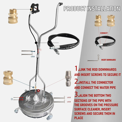 Hourleey 30" Pressure Washer Surface Cleaner with Dual Handles, Stainless Steel Surface Cleaner with 4 Wheels for Driveways, Pathway, Sidewalks, Patios, Decks, 4500 PSI with 3/8" Quick Connector Kit