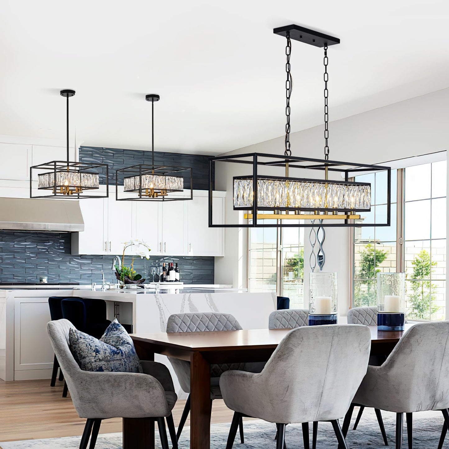 Vezzio Modern Crystal Chandelier for Dining Room 6-Light Luxury Black and Gold Rectangle Contemporary Hanging Adjustable Pendant Light Fixture Over Table for Kitchen Island, L35 Inch
