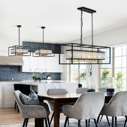 Vezzio Modern Crystal Chandelier for Dining Room 6-Light Luxury Black and Gold Rectangle Contemporary Hanging Adjustable Pendant Light Fixture Over Table for Kitchen Island, L35 Inch