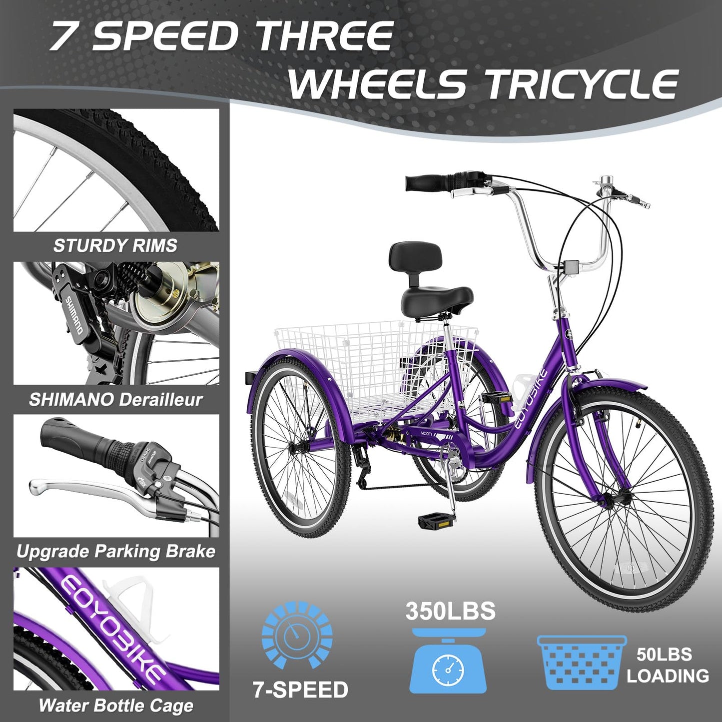 EOYOBIKE Adult Tricycle 3-Wheel Cruiser Bike, Low Step-Through, Heavy-Duty Comfort Trike with Adjustable Handlebar & Spring Saddle, Large Rear Basket, for Seniors & Adults (Orchid Rose, 26" Tire)