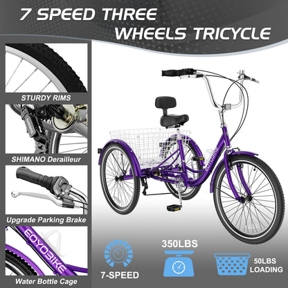 EOYOBIKE Adult Tricycle 3-Wheel Cruiser Bike, Low Step-Through, Heavy-Duty Comfort Trike with Adjustable Handlebar & Spring Saddle, Large Rear Basket, for Seniors & Adults (Orchid Rose, 24" Tire)
